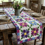Purple Flowers in White Blocks Table Runner