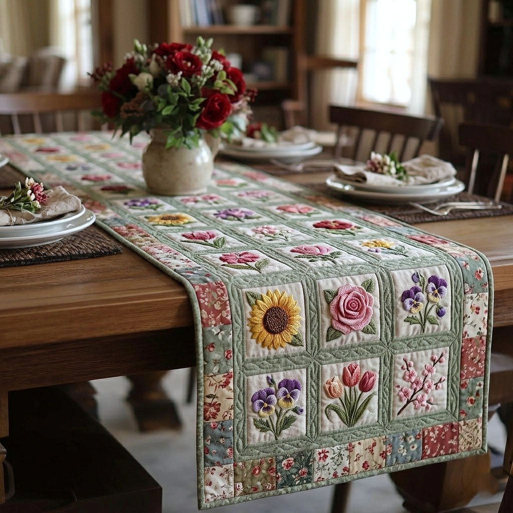 Flower Squares on Green Border Table Runner