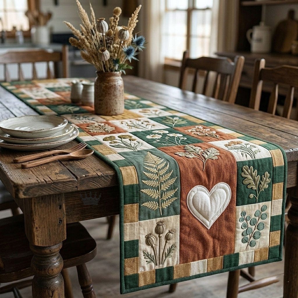 Cream Heart with Leaf Squares Table Runner