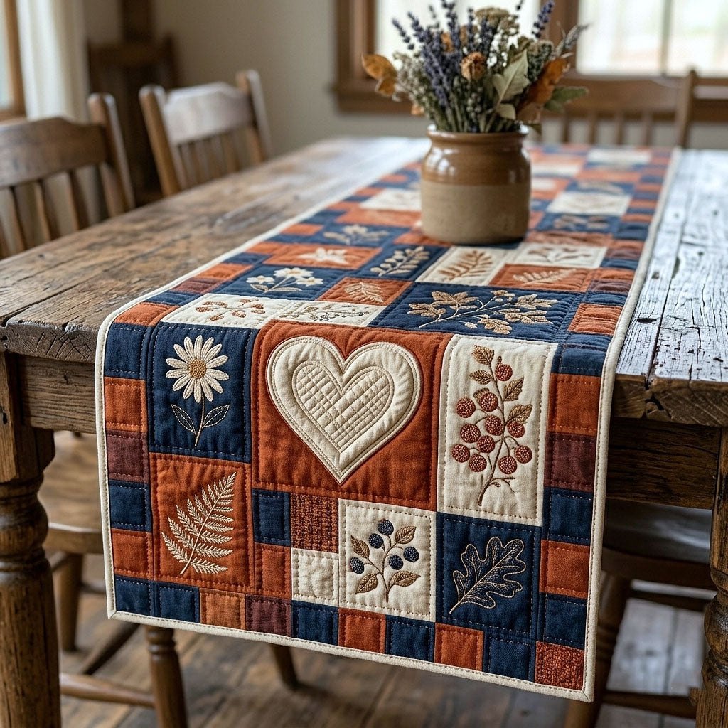 Heart and Daisy on Rust Blocks Table Runner