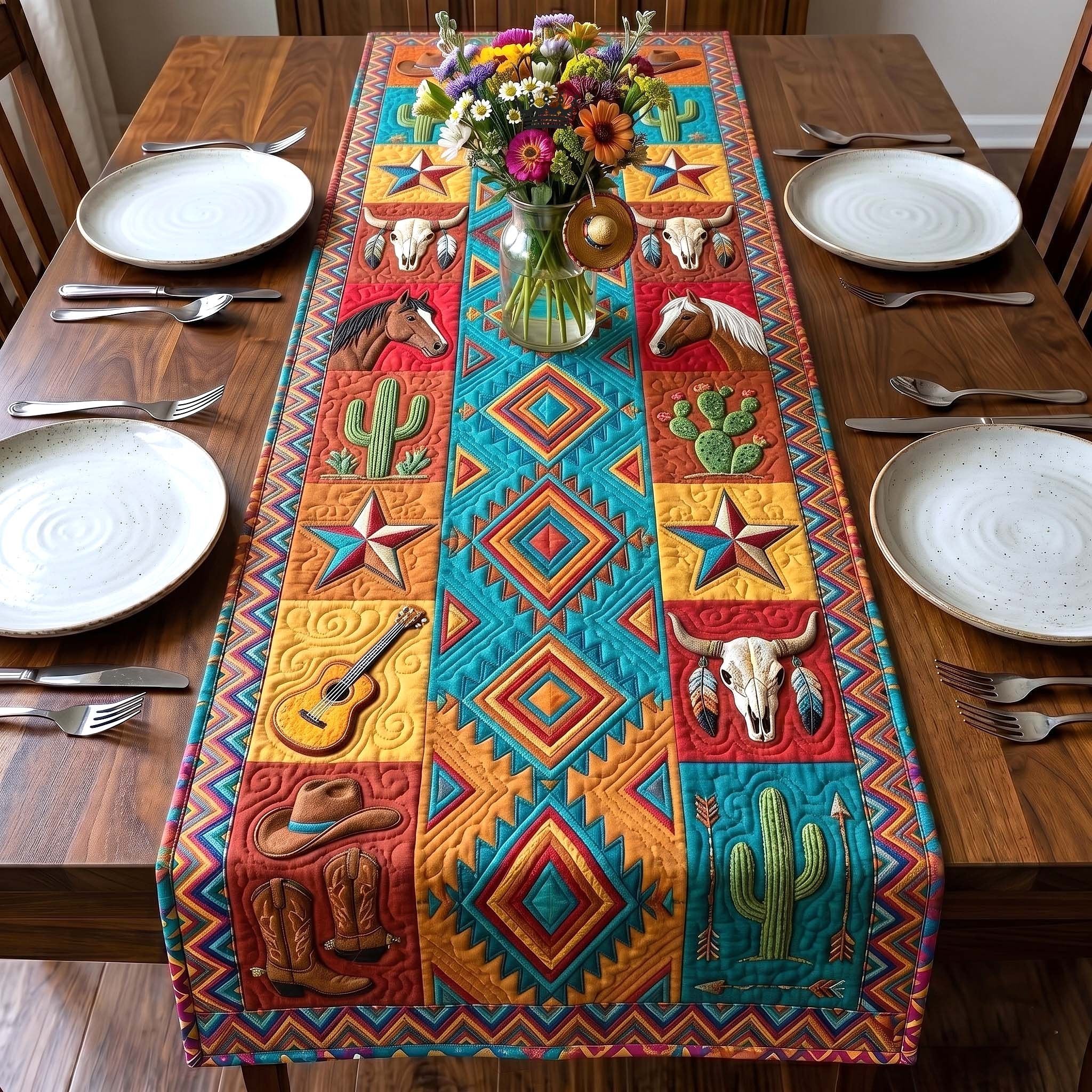 Western Blocks with Skull and Cactus Table Runner