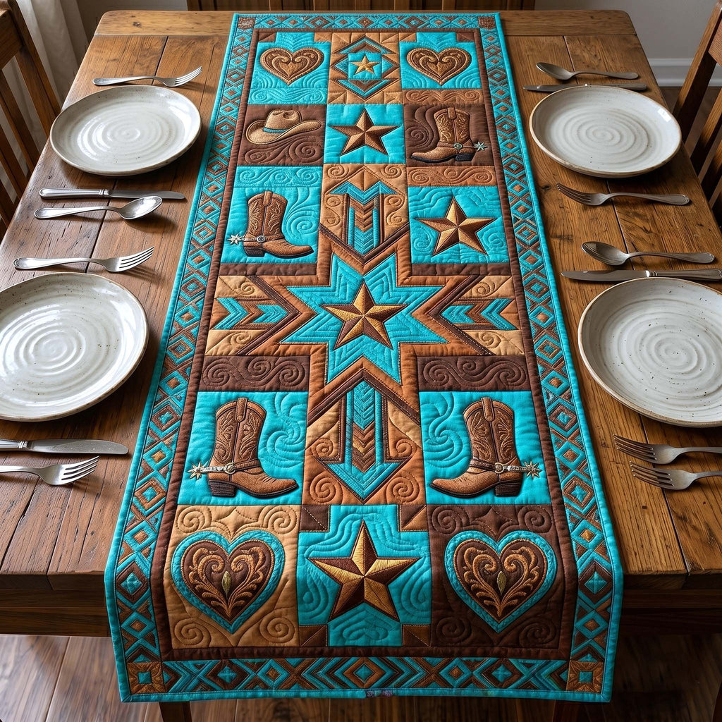 Turquoise Western Stars and Boots Table Runner