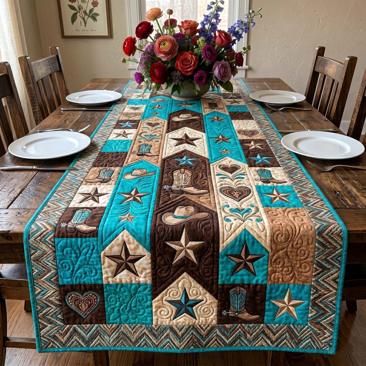Western Stars with Boots and Hearts Table Runner