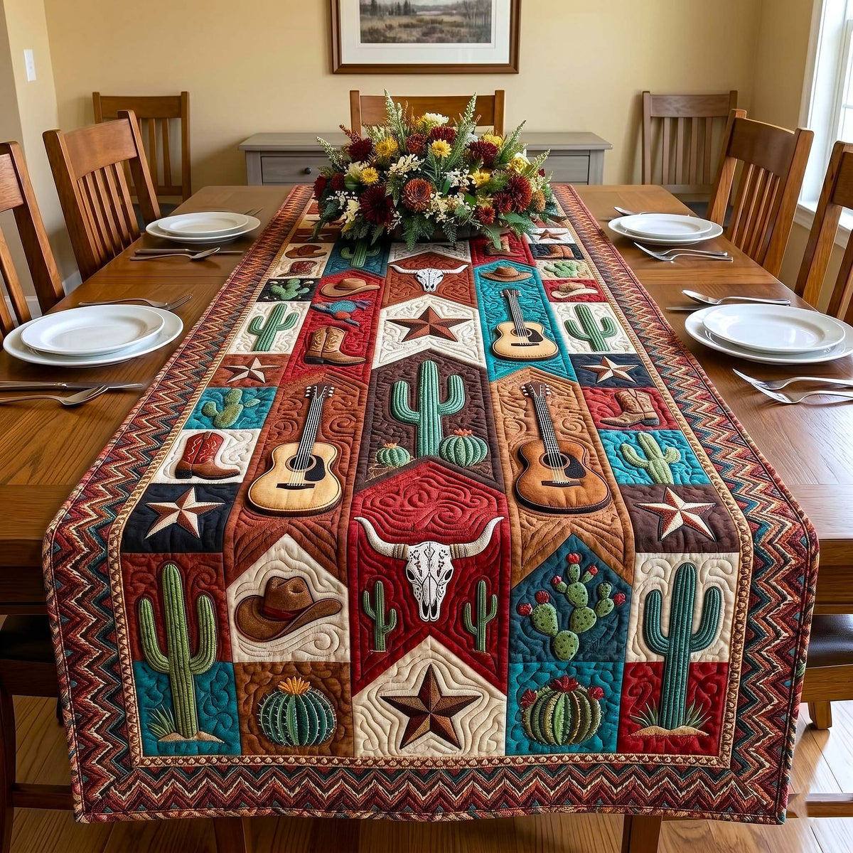 Western Blocks with Guitar and Cactus Table Runner