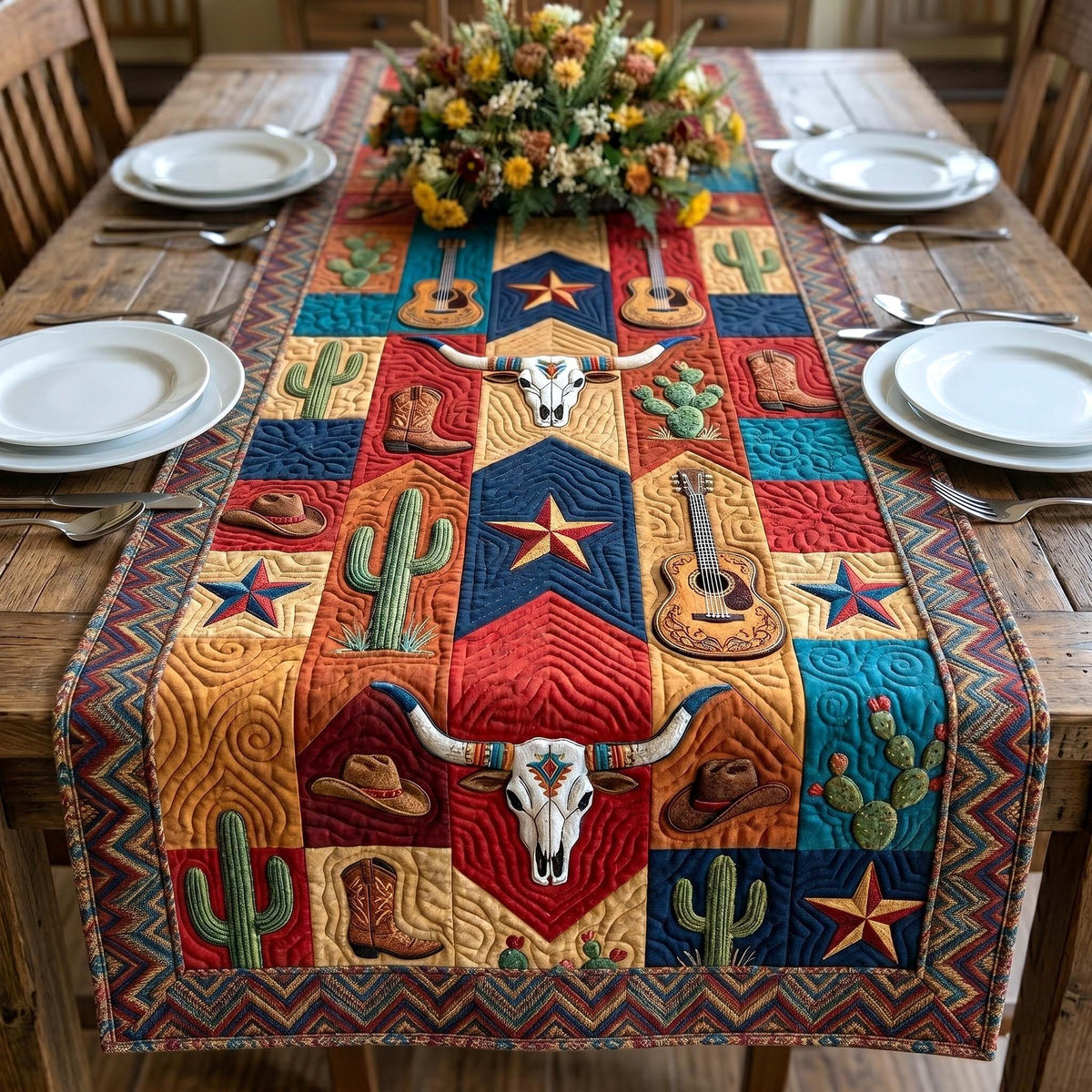 Red Western Blocks with Longhorn Skull Table Runner
