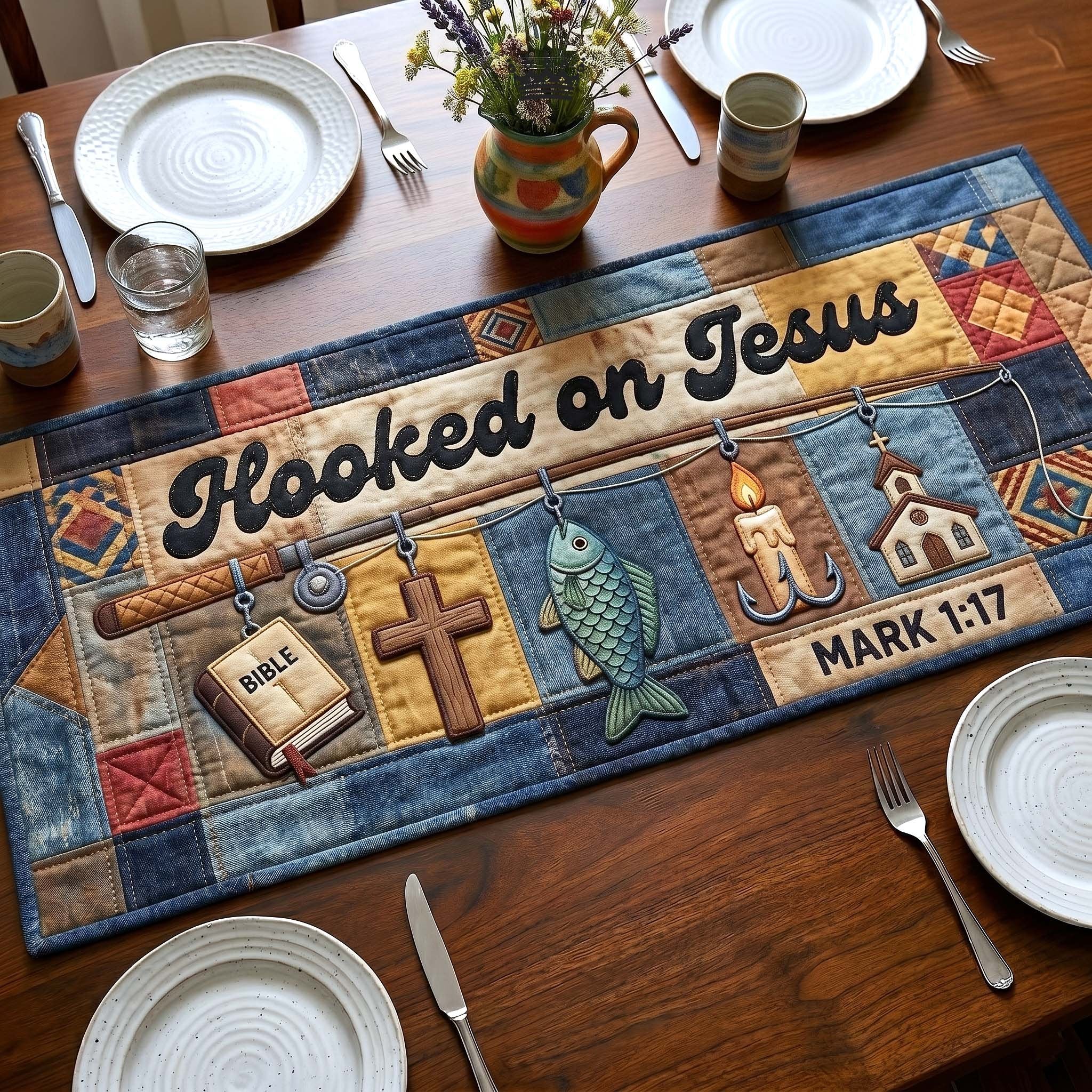 Hooked on Jesus with Fish and Cross Table Runner