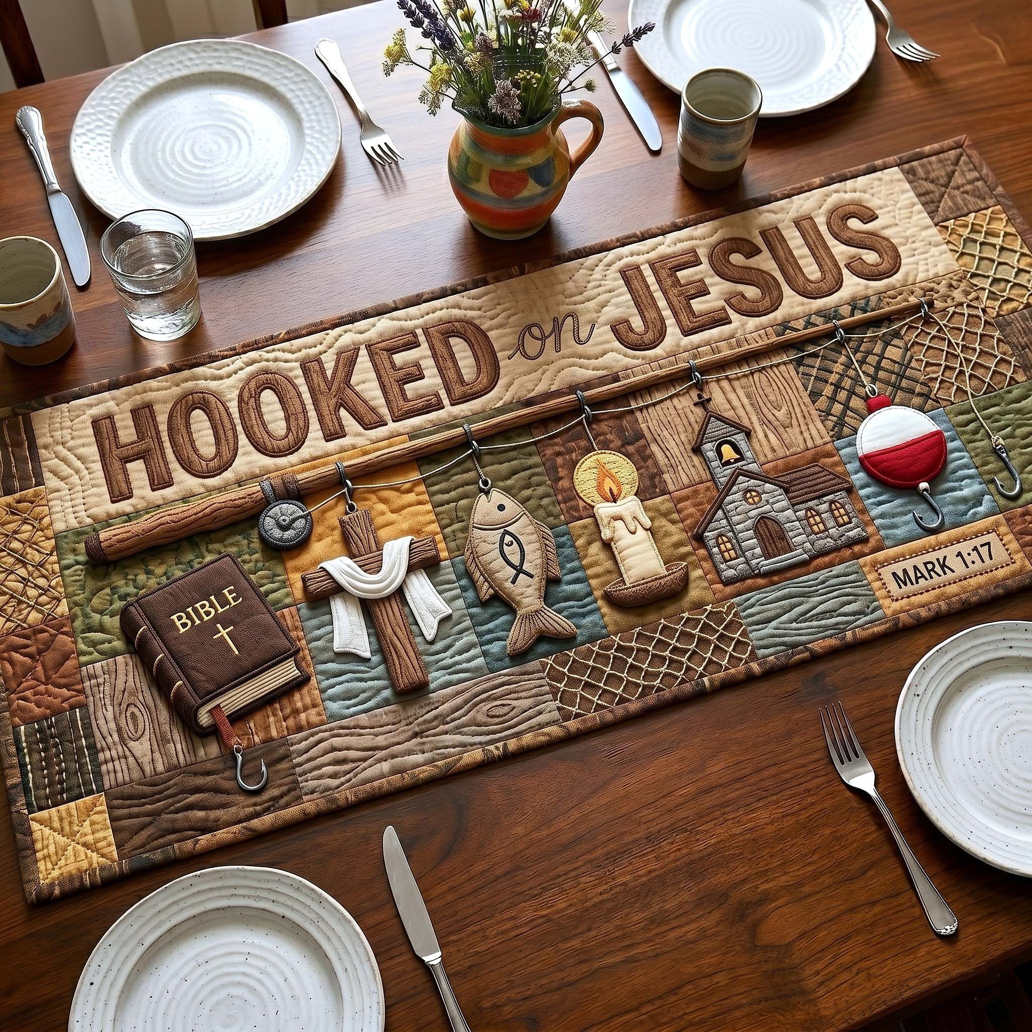 Hooked on Jesus on Wooden Planks Table Runner