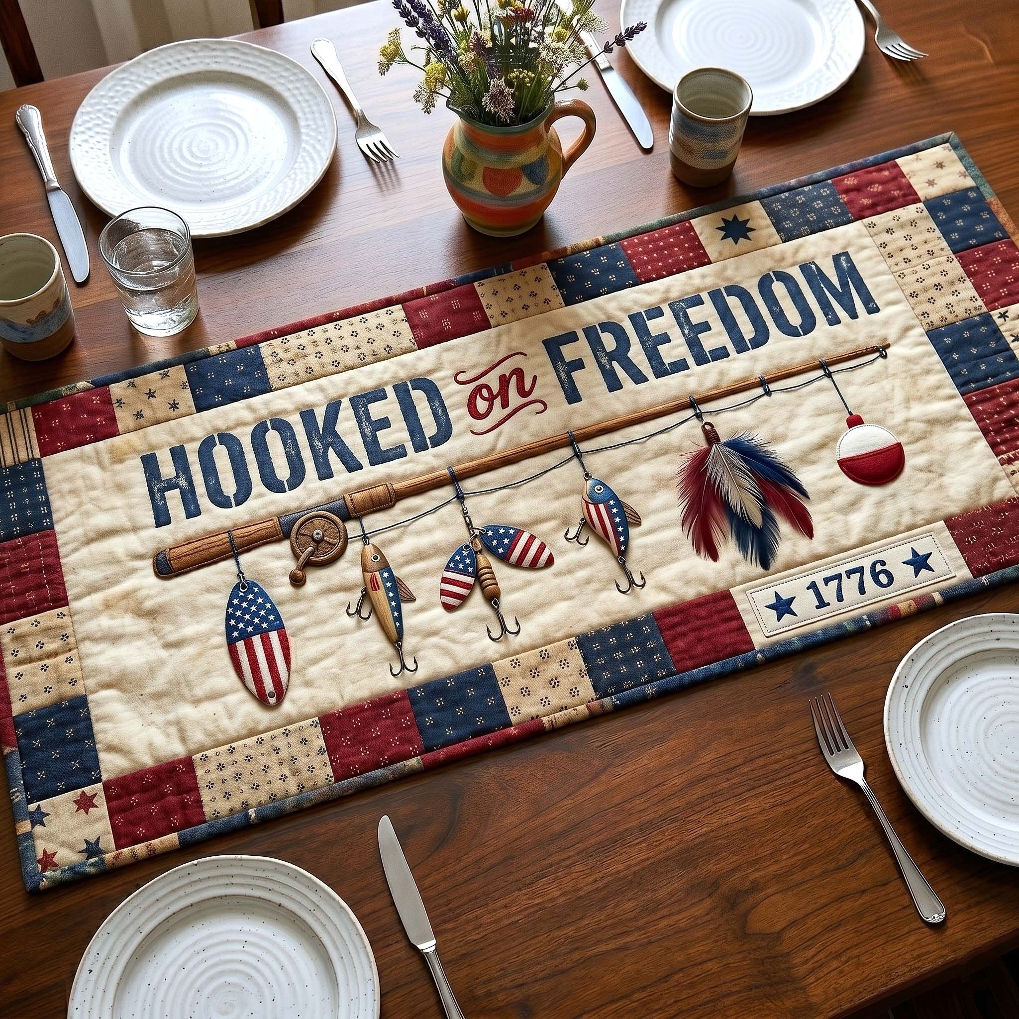 Hooked on Freedom with Fishing Lures Table Runner