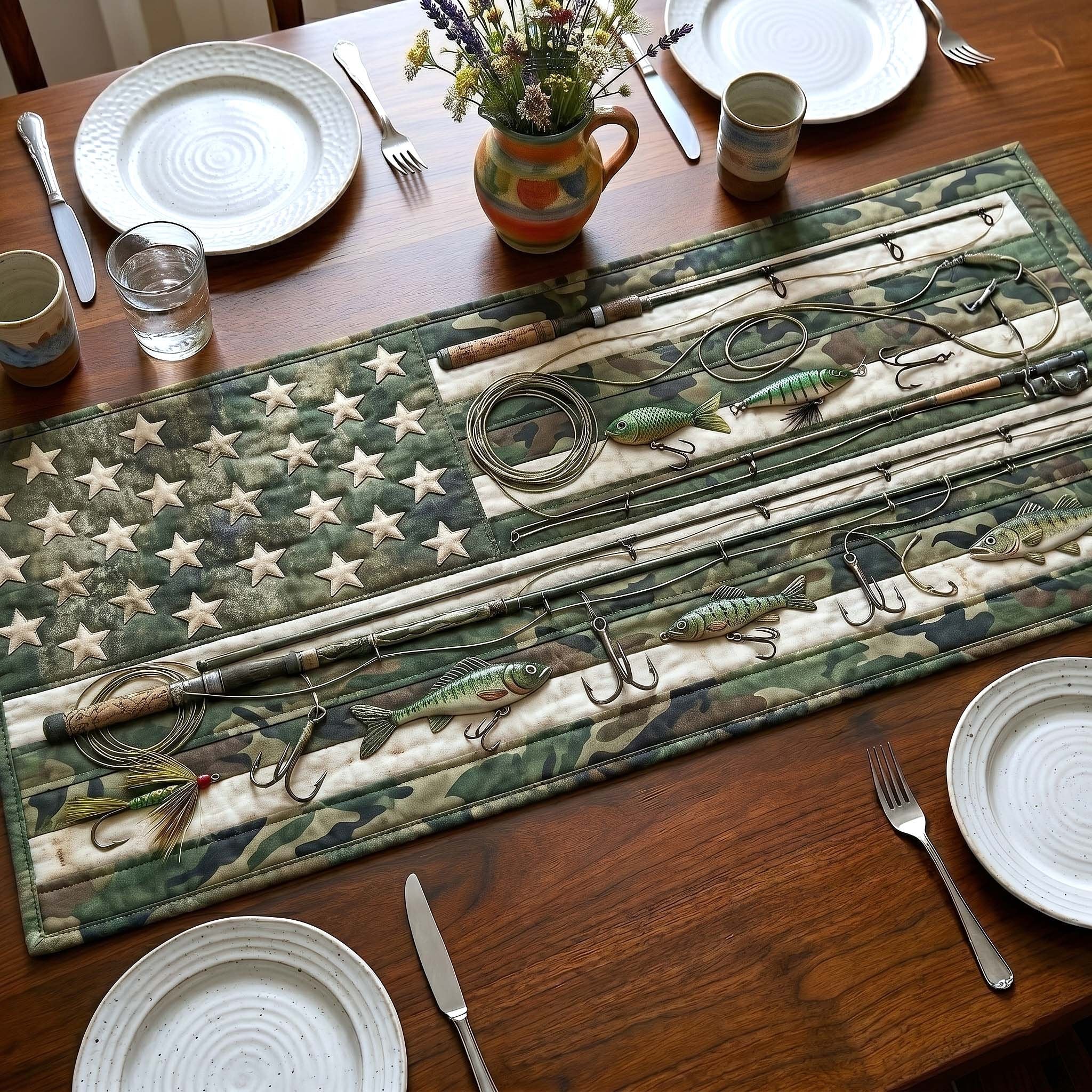 Fishing Rods on Green Camo Table Runner