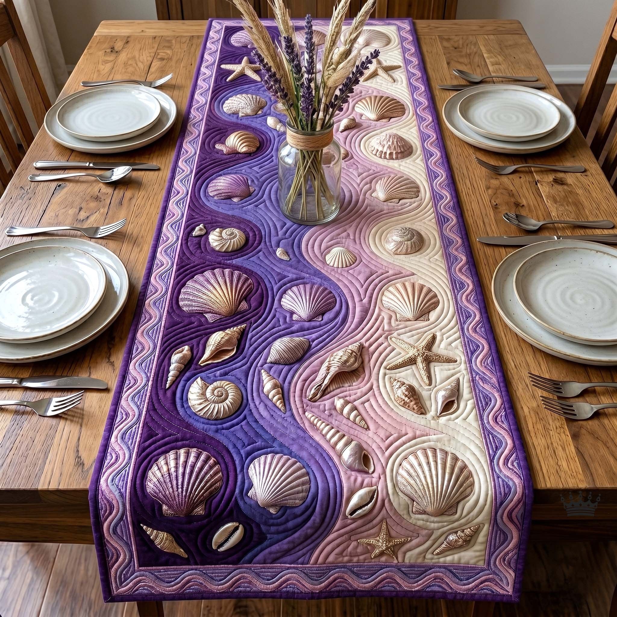 Shells on Purple and Pink Waves Table Runner