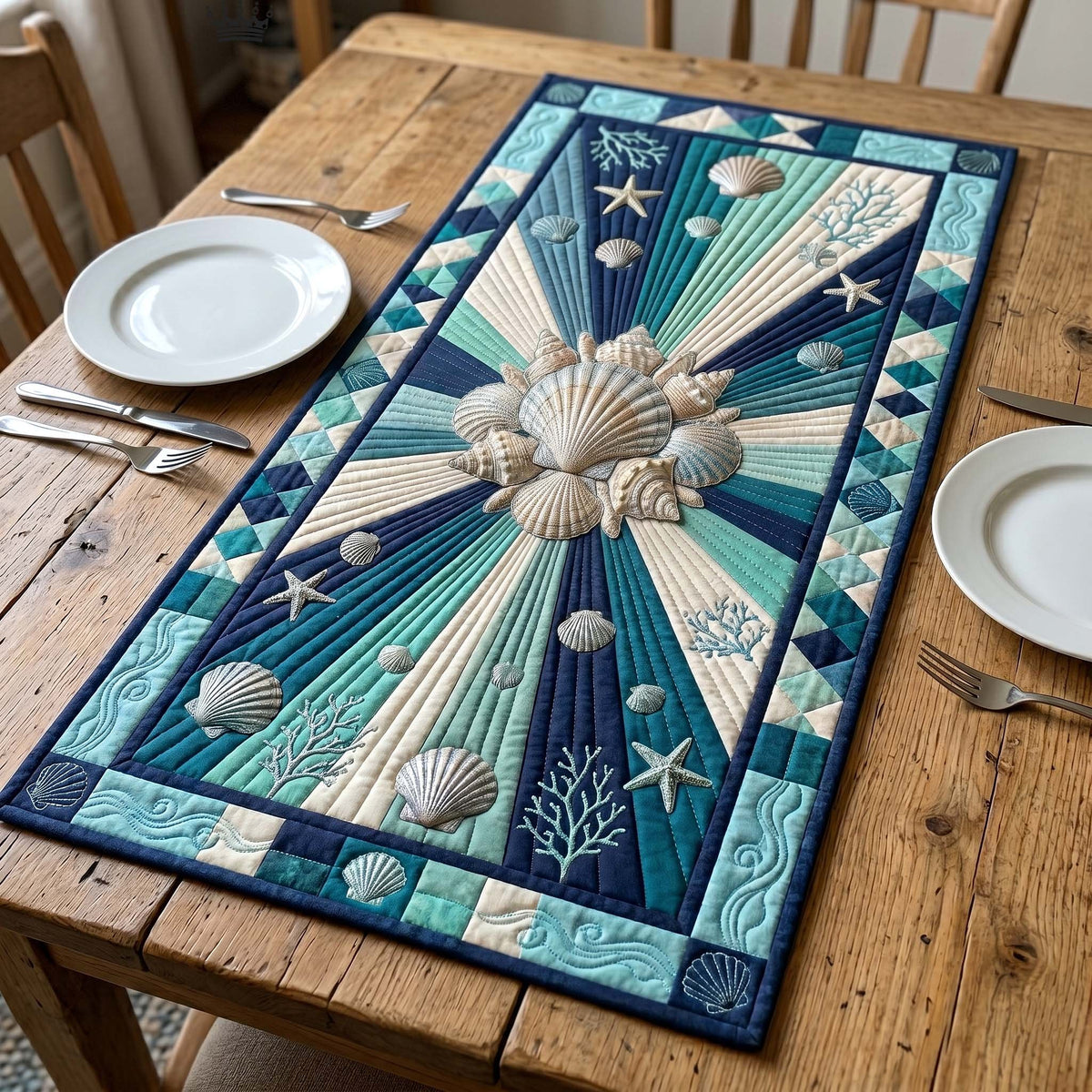 Shell with Teal Sunburst Rays Table Runner