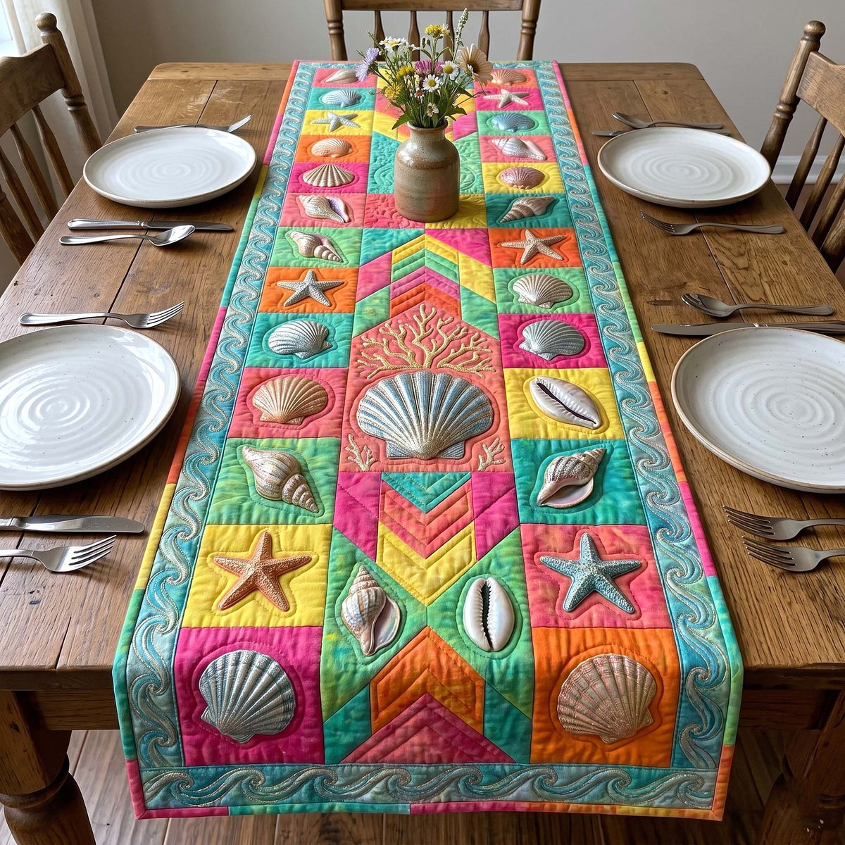 Shell Blocks in Bright Teal and Pink Table Runner