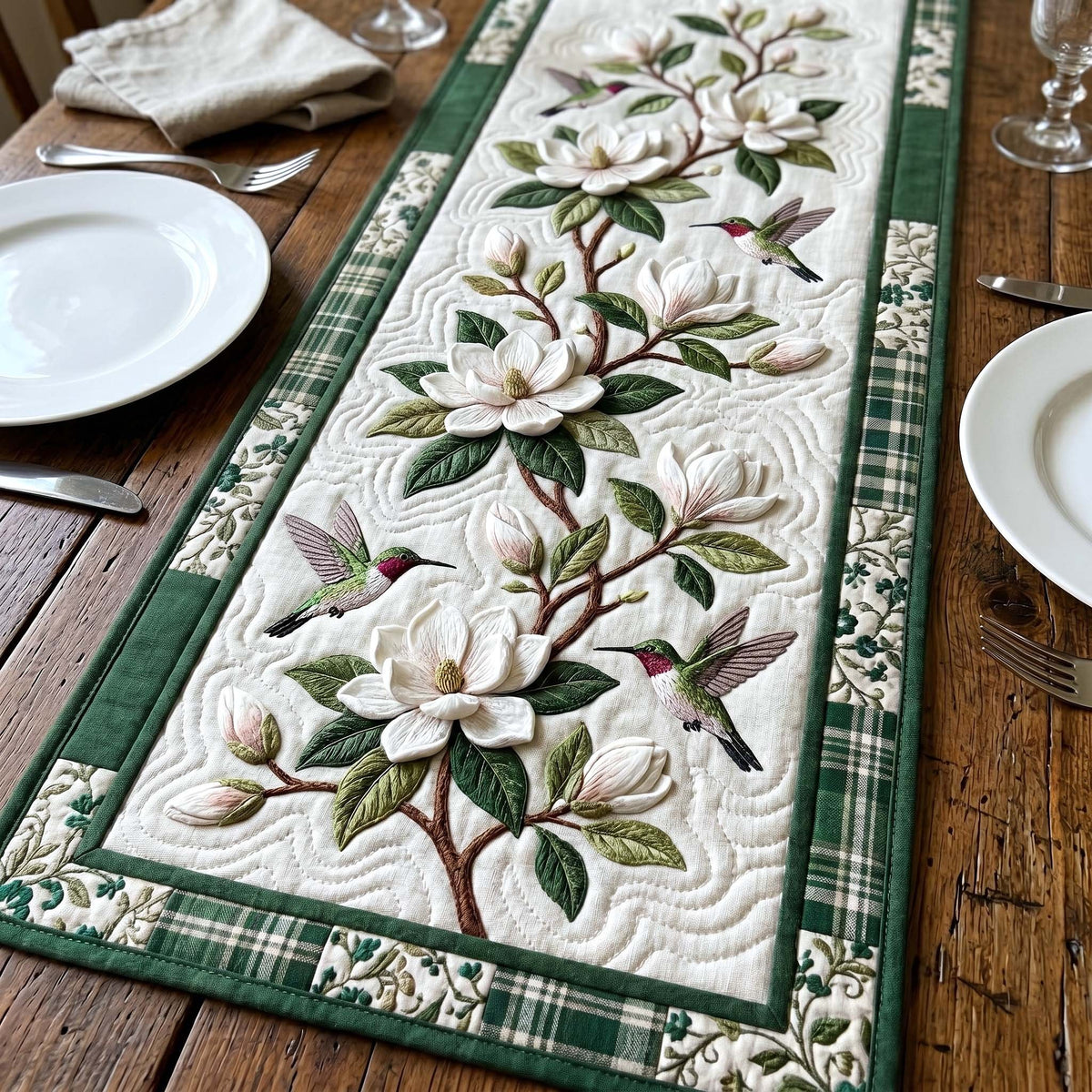 White Magnolias on Green Plaid Table Runner