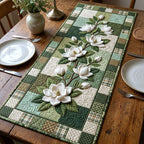 Magnolia Blossoms on Green Squares Table Runner