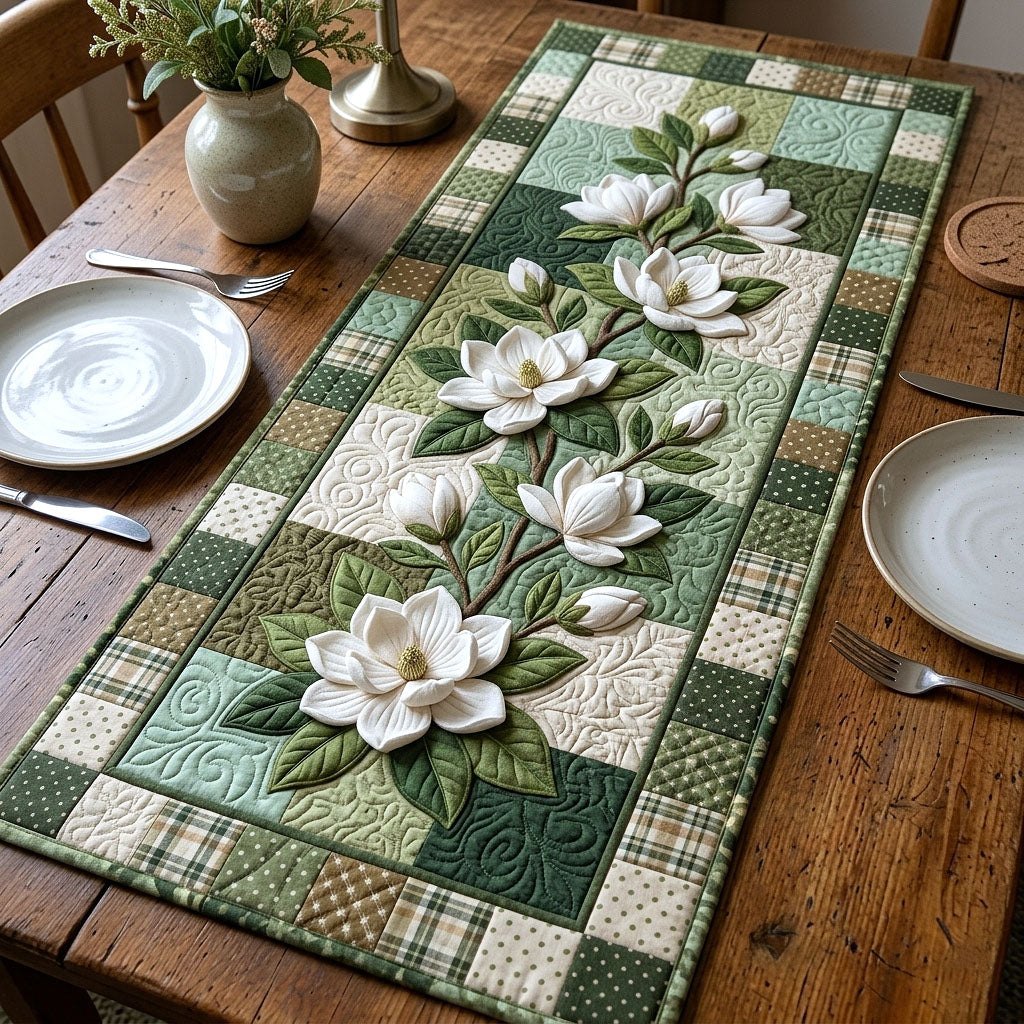 Magnolia Blossoms on Green Squares Table Runner