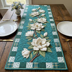 White Magnolias on Teal Panel Table Runner