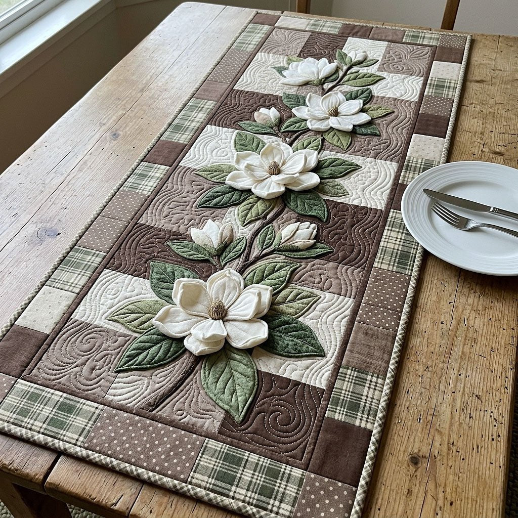 Magnolia Flowers on Brown Check Table Runner