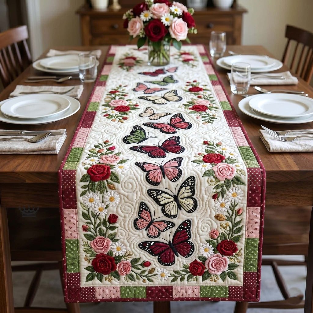 Pink Butterflies with Roses on Green Table Runner