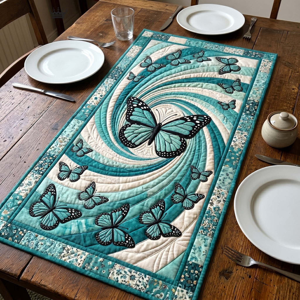 Teal Butterflies in a Swirl Table Runner