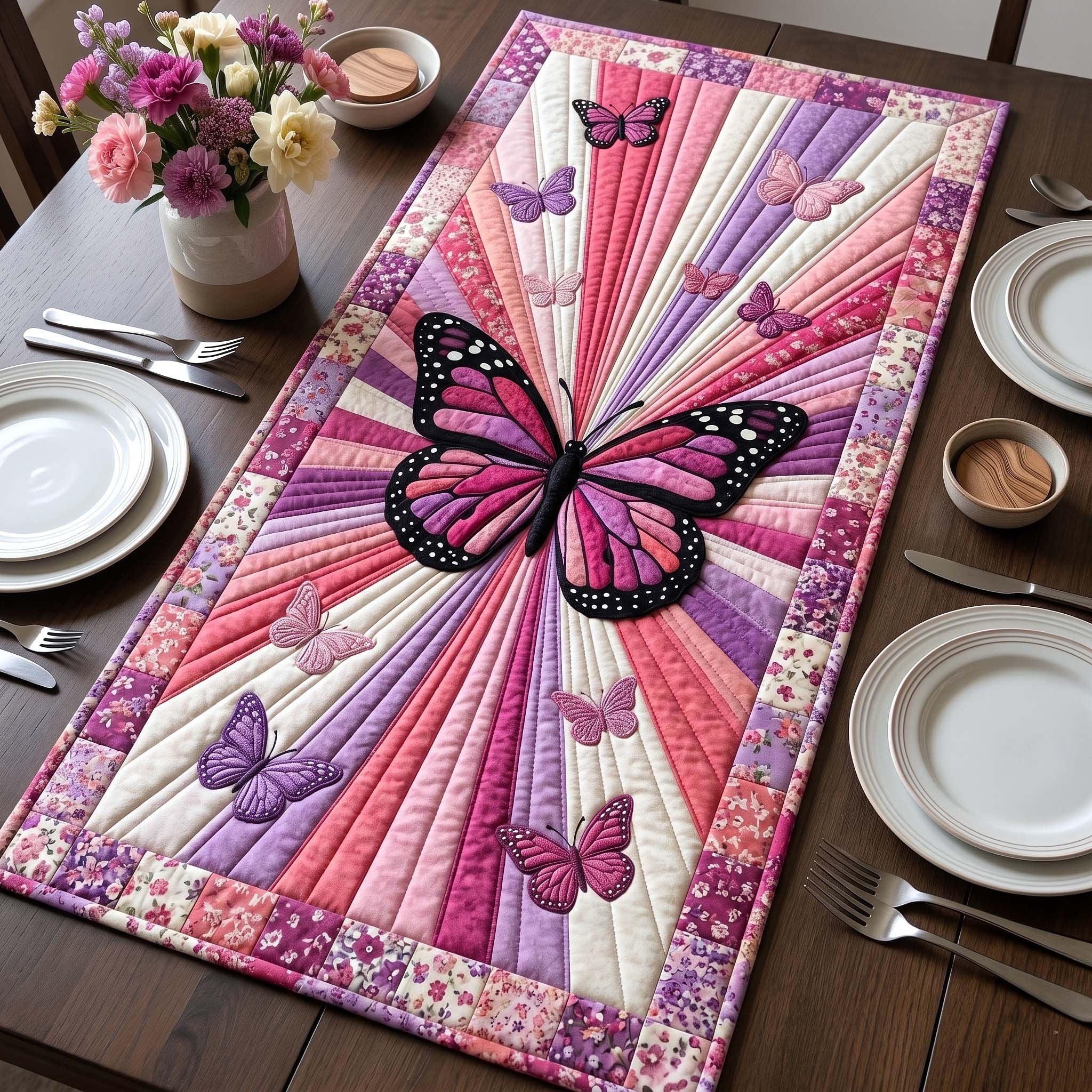Pink Butterfly on Sunburst Rays Table Runner