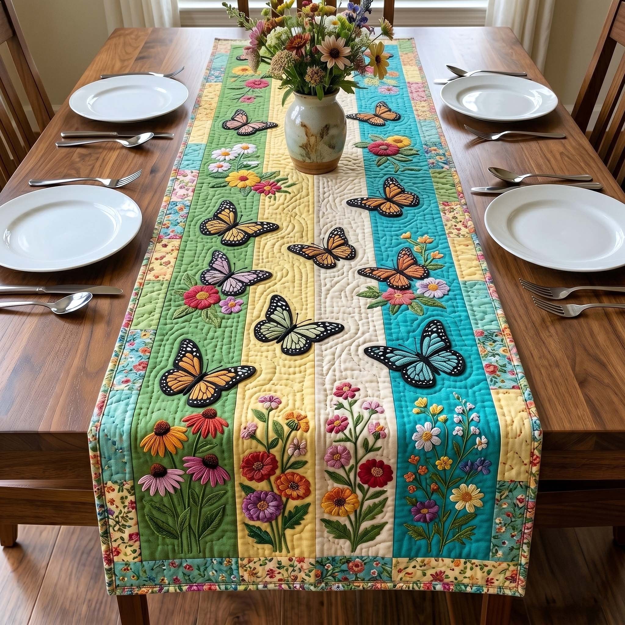 Butterflies on Green and Yellow Stripes Table Runner