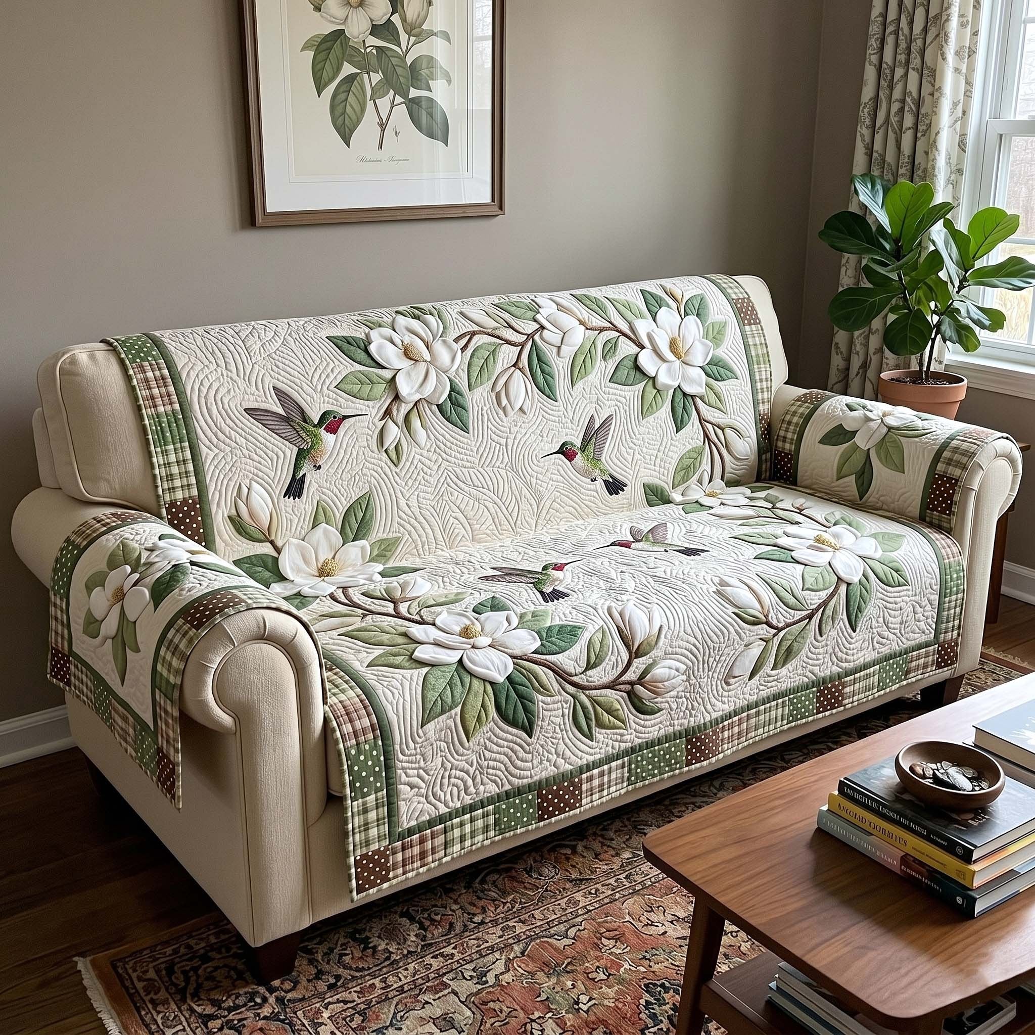 White Magnolias with a Hummingbird Sofa Cover