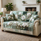 White Magnolias on Green Plaid Sofa Cover