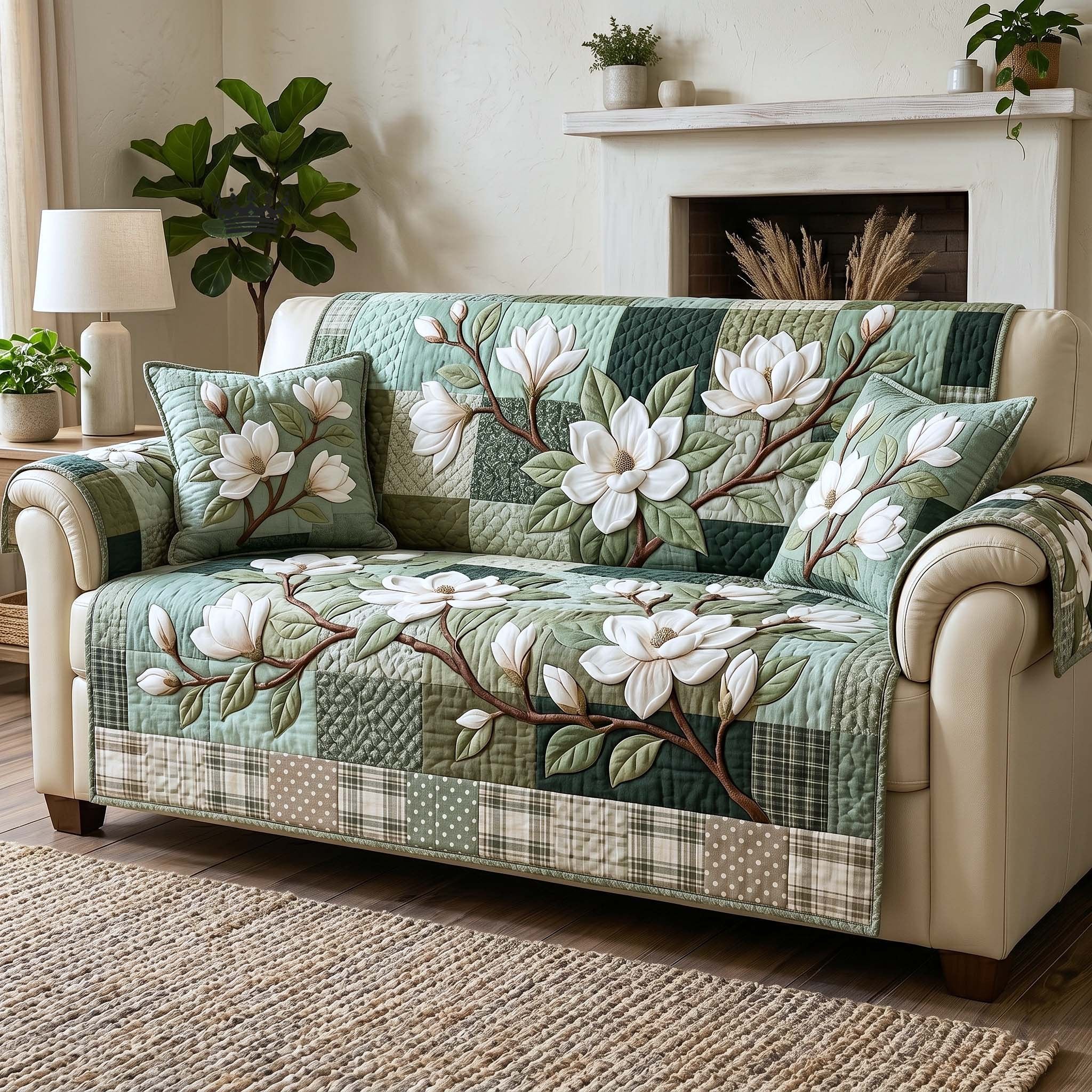 White Magnolias on Green Plaid Sofa Cover