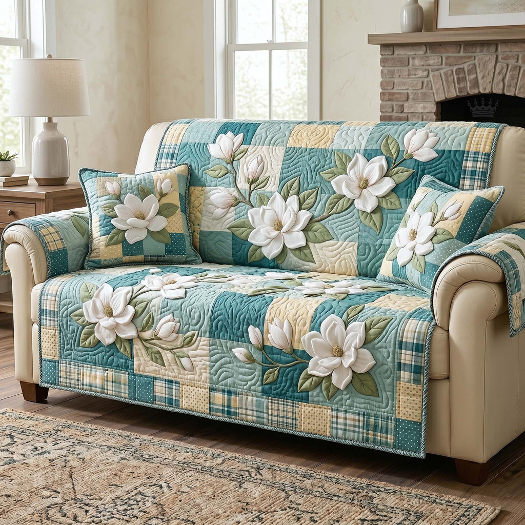 White Magnolias on Teal Patchwork Sofa Cover