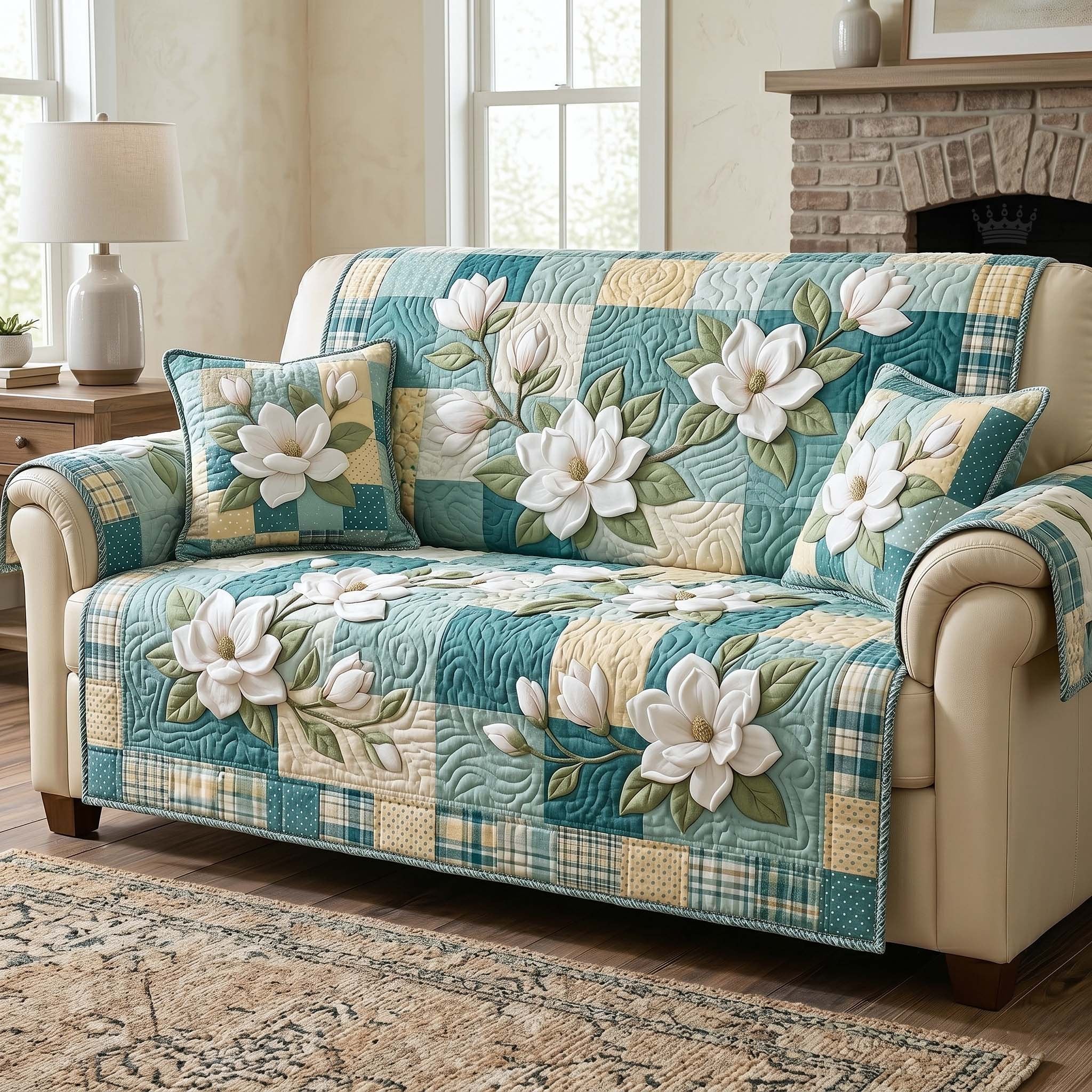 White Magnolias on Teal Patchwork Sofa Cover