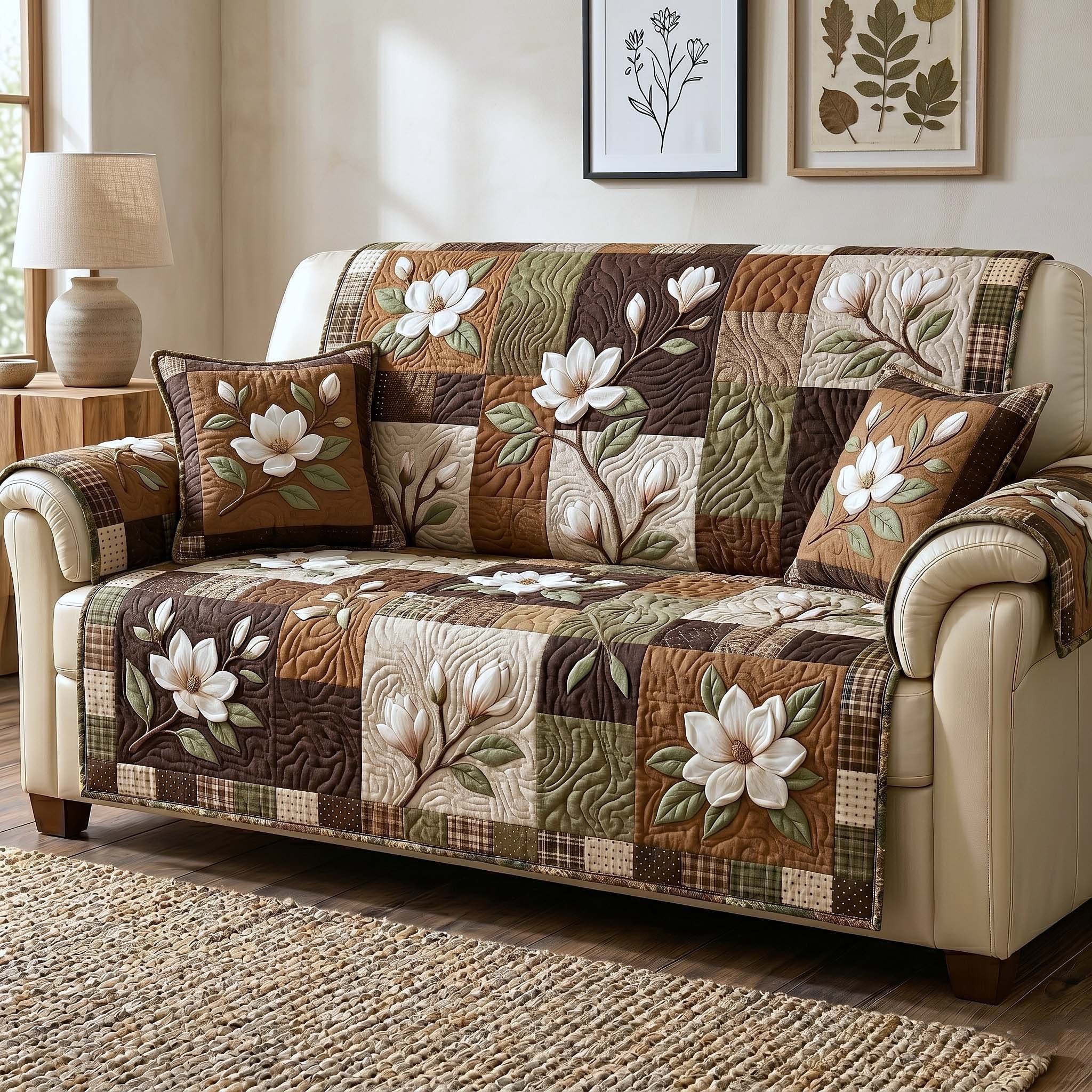 White Magnolias on Brown Patches Sofa Cover