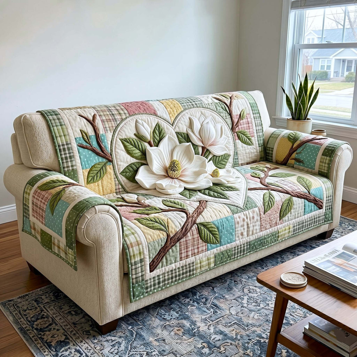 Magnolias on Green and Cream Squares Sofa Cover