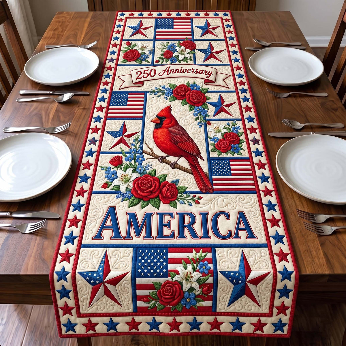 America Cardinal with Red Roses Table Runner