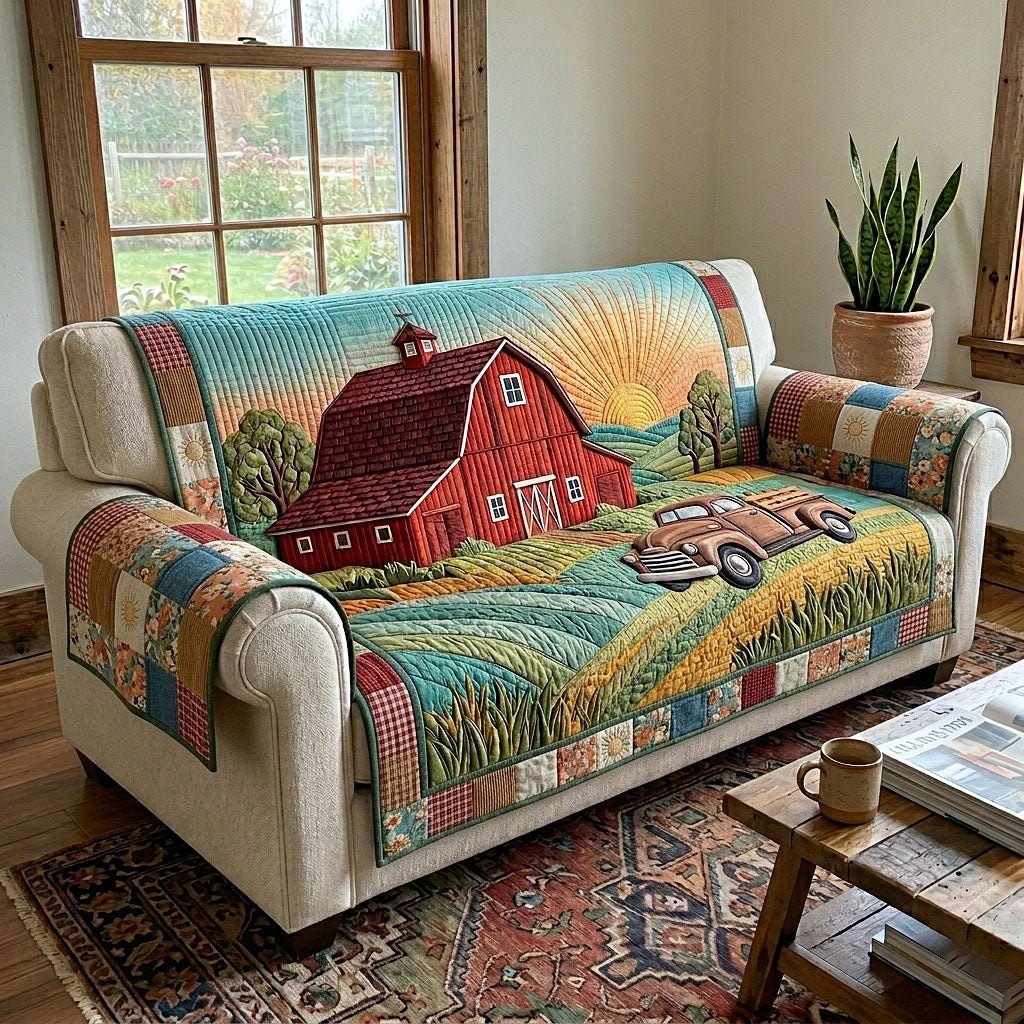 Red Barn at Sunset Over Farm Fields Sofa Cover