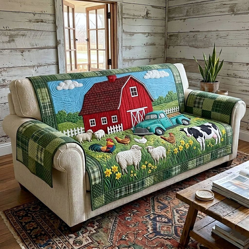 Red Barn with Cows and Sheep Sofa Cover