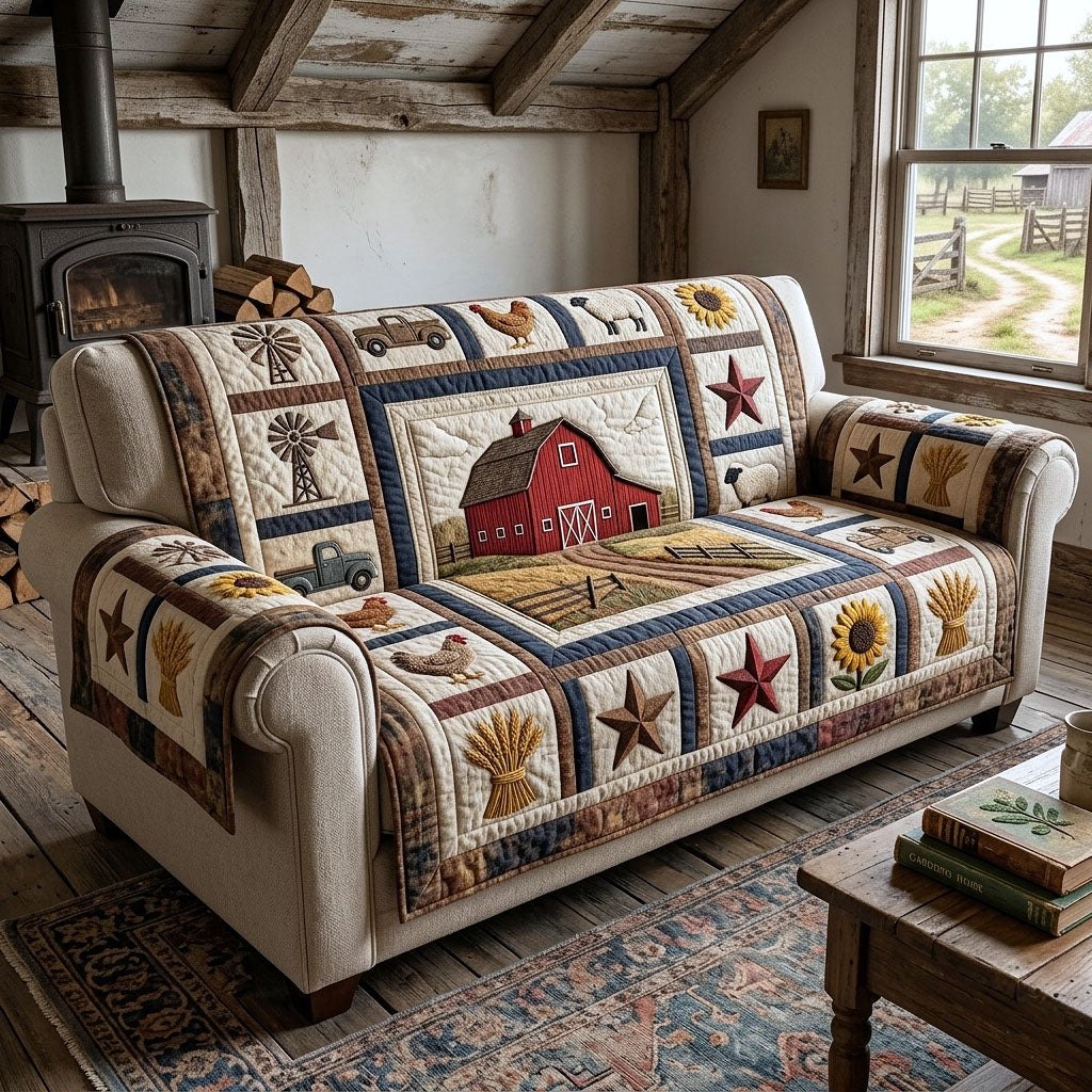 Red Barn and Stars on Tan Patches Sofa Cover