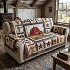 Red Barn and Stars on Tan Patches Sofa Cover