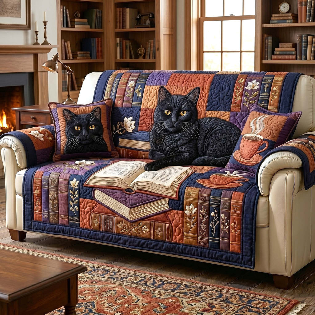 Black Cat Sleeping on Open Books Sofa Cover