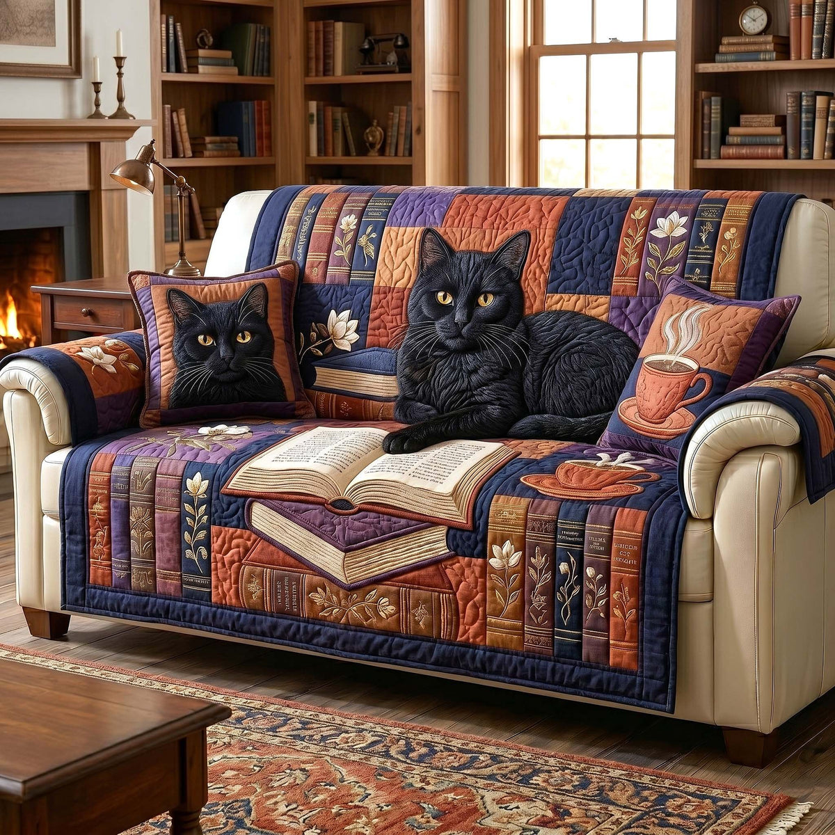 Black Cat Sleeping on Open Books Sofa Cover
