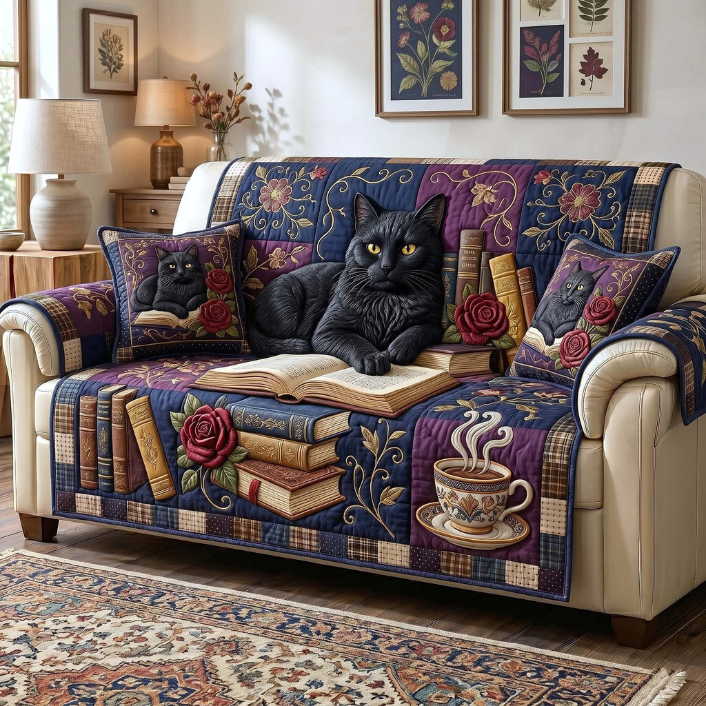Black Cat with Books and Coffee Sofa Cover