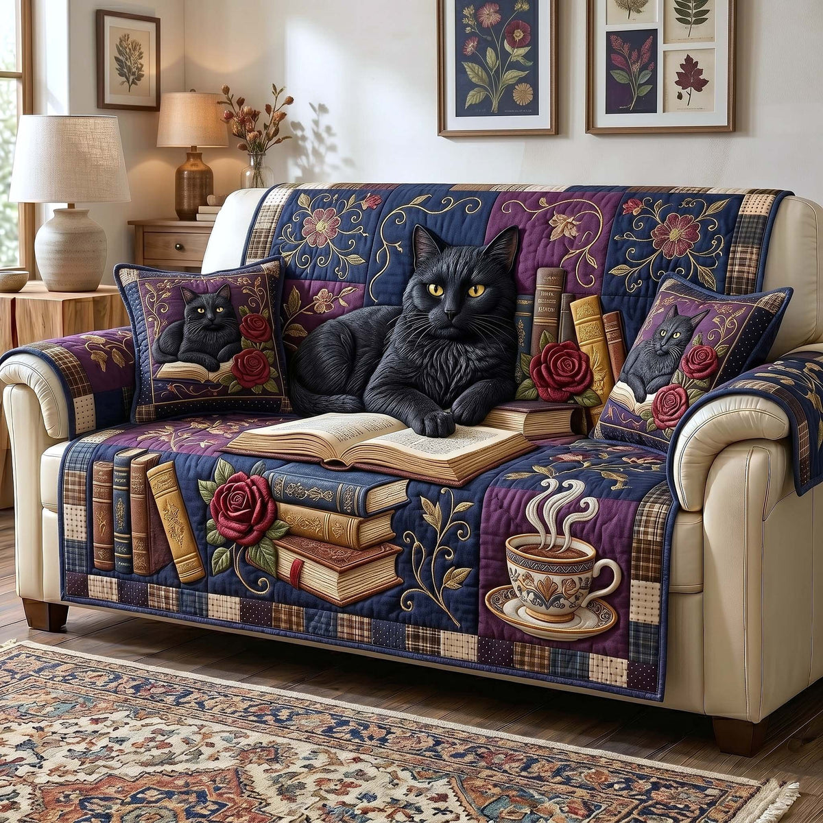 Black Cat with Books and Coffee Sofa Cover