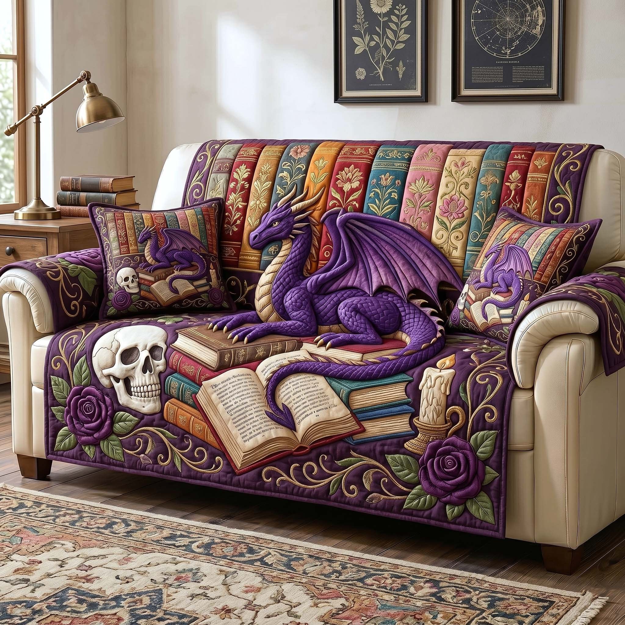 Purple Dragon Guarding Old Books Sofa Cover