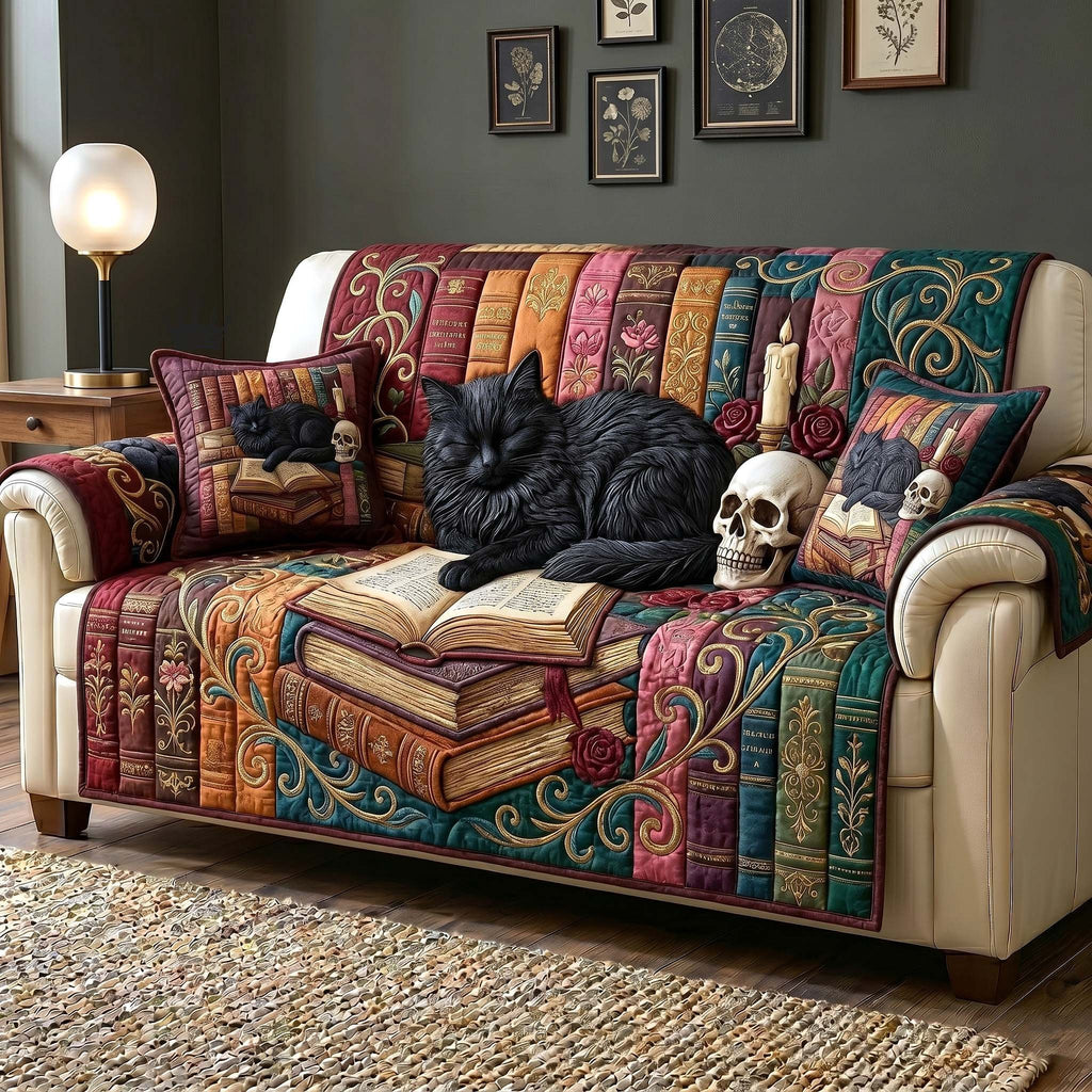Black Cat with Skull and Candle Sofa Cover