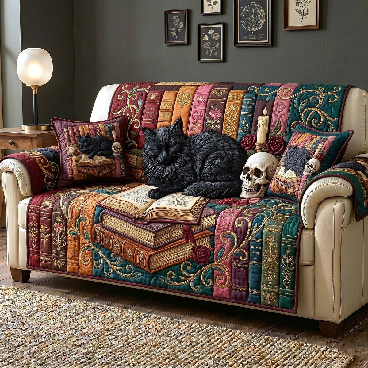 Black Cat with Skull and Candle Sofa Cover