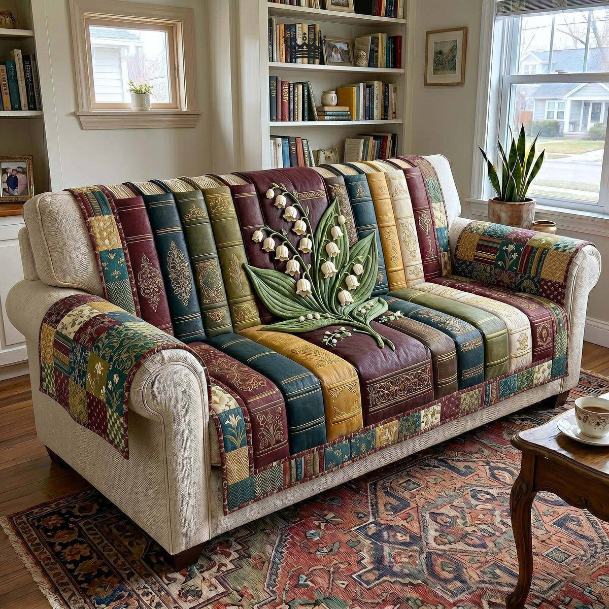 Lily of the Valley Among Book Spines Sofa Cover