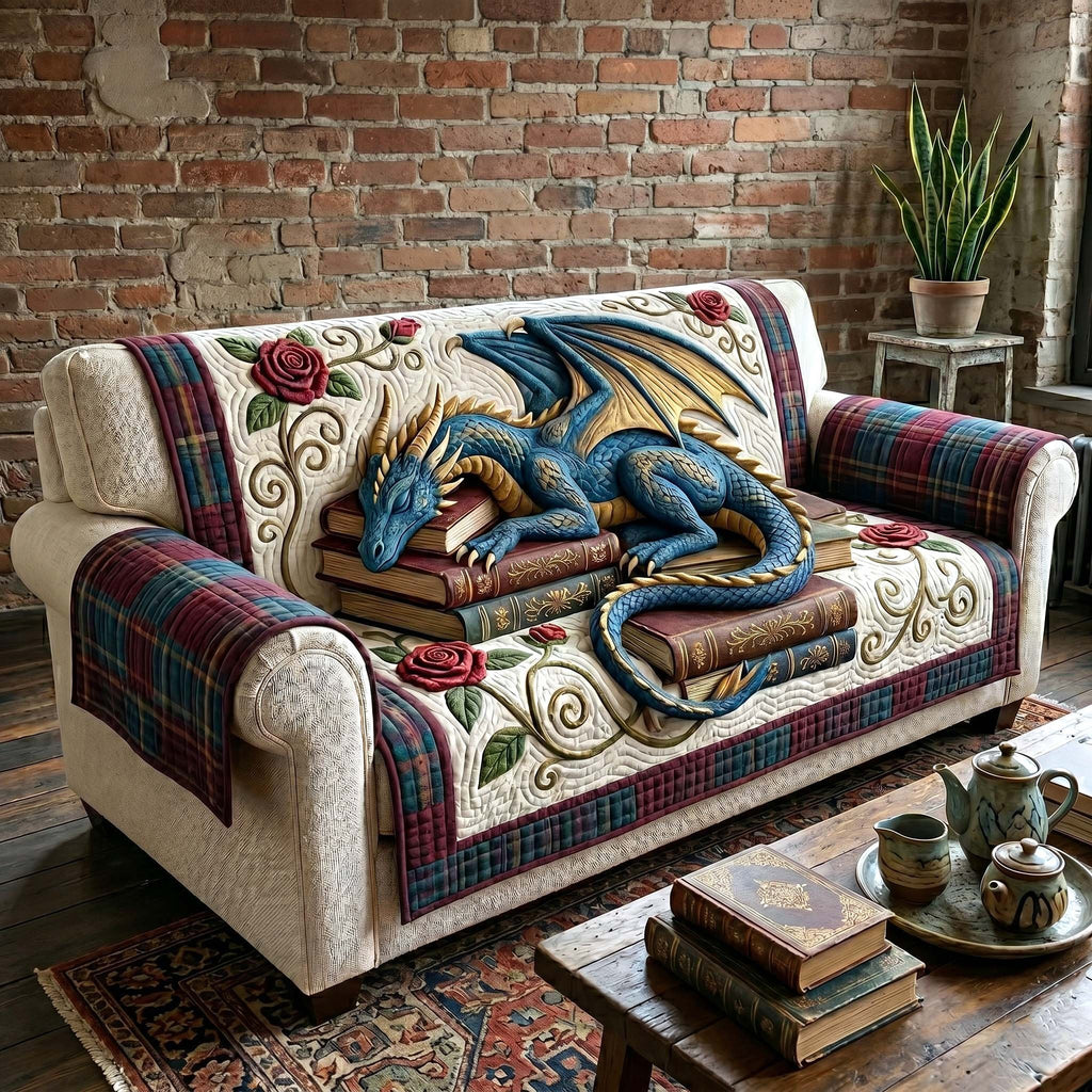 Blue Dragon Curled on Books Sofa Cover