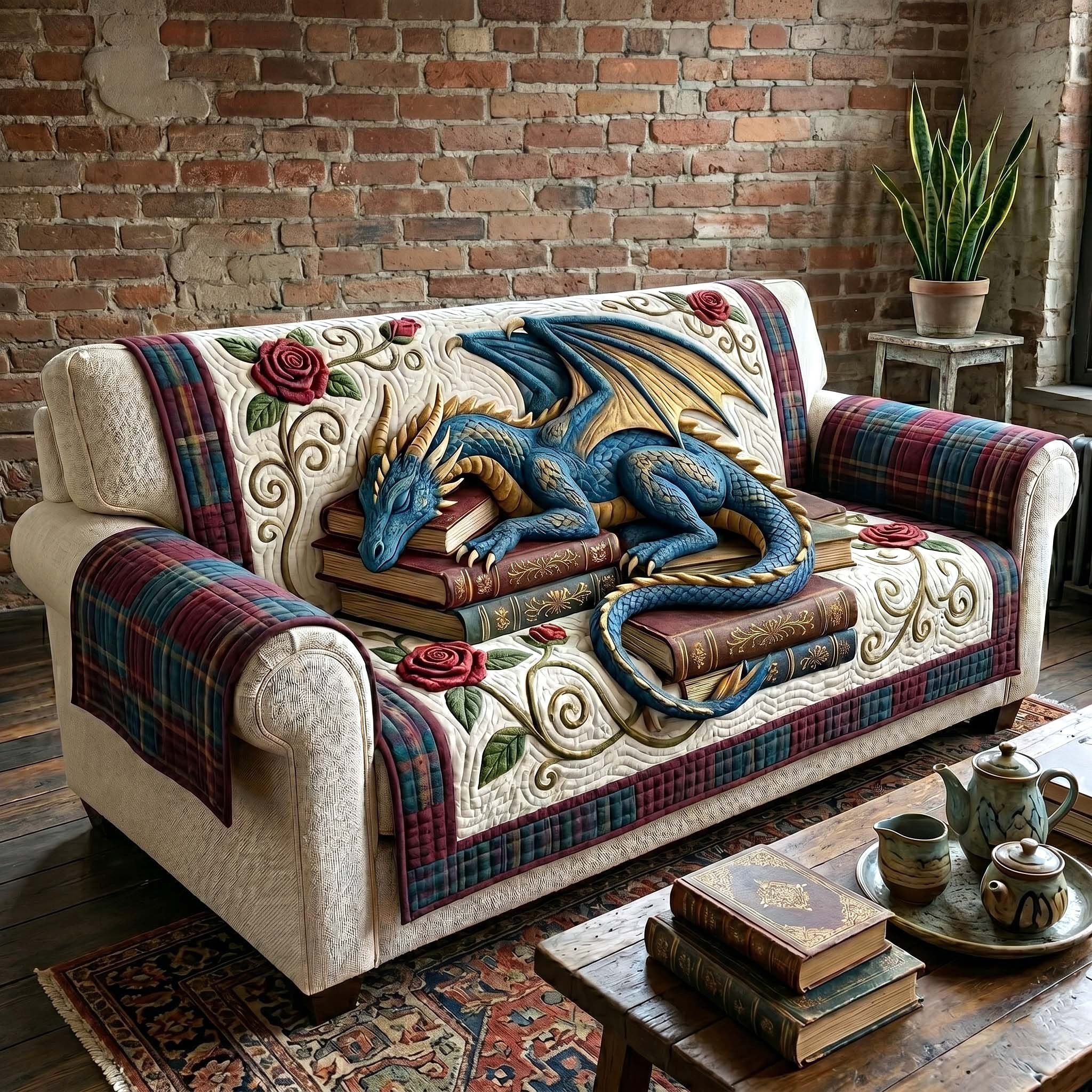 Blue Dragon Curled on Books Sofa Cover