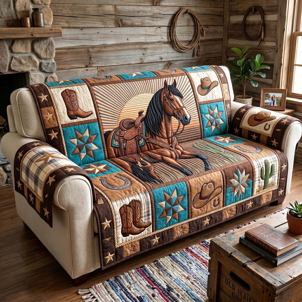 Horse and Cowboy Boot Blocks Sofa Cover