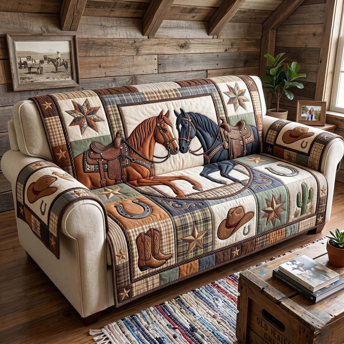 Horses Saddles and Boots in Blocks Sofa Cover