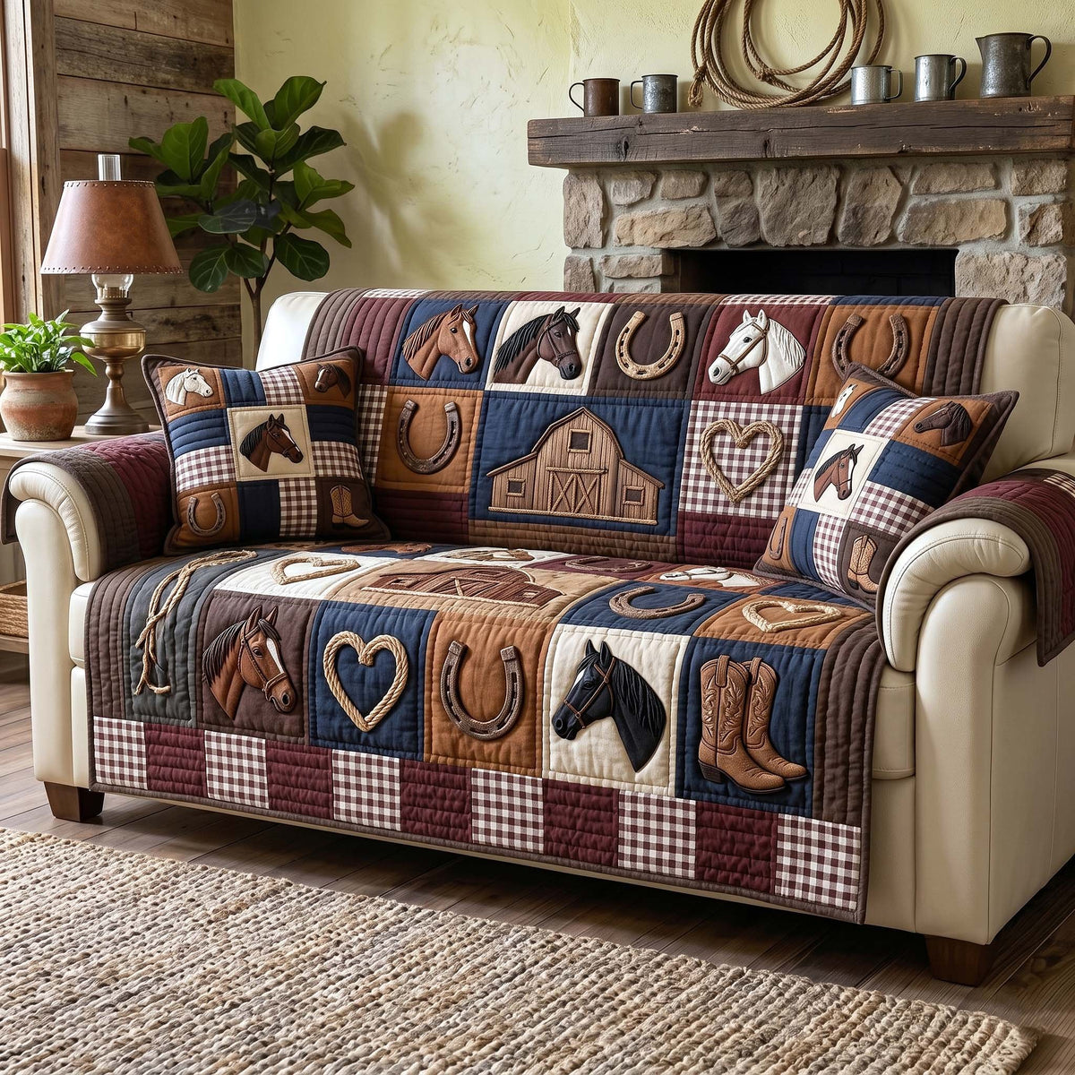 Horseshoes and Horses on Plaid Squares Sofa Cover